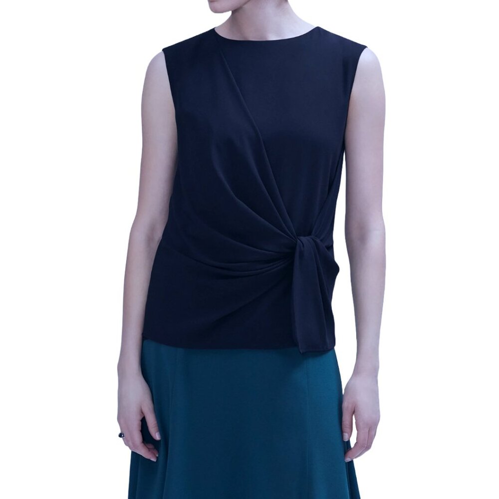 MM Lafleur Navy Bronte Draped Sleeveless Blouse Minimalist Quiet Luxury Capsule